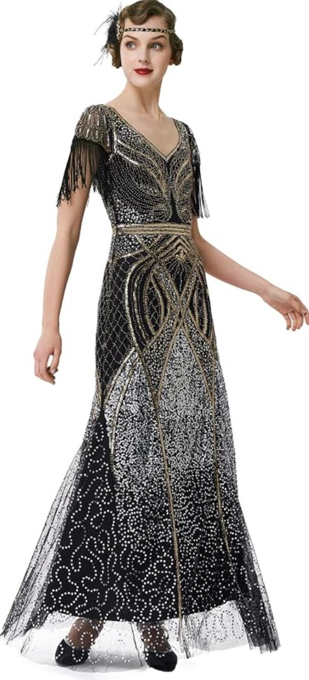 BABEYOND Flapper Art Deco Gatsby 1920s Evening Gown Sequin Maxi Dress M NWT